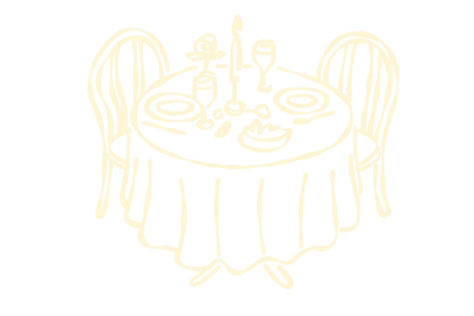 Line illustration of a table set for two, with chairs, plates, wine glasses, and a lit candle